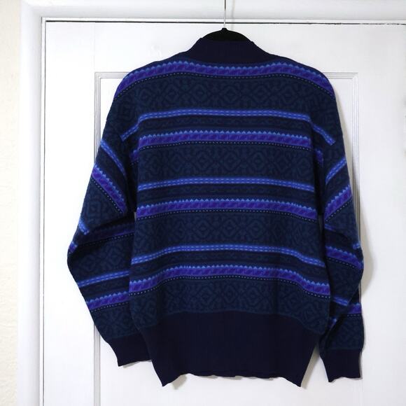 Vintage Demetre AOP Fair Isle Striped Navy Purple Wool Ski Sweater L 80s Granny - Picture 6 of 8